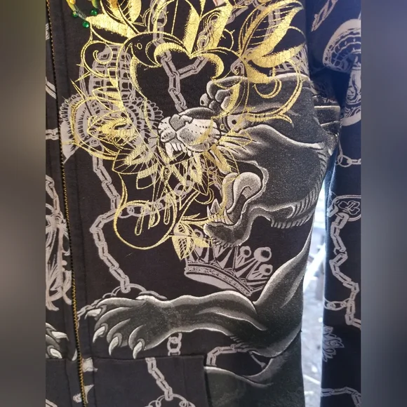 Small Christian Audigier Hoodie zip up Sweatshirt top Ladies Panther Black Gold - Picture 11 of 16